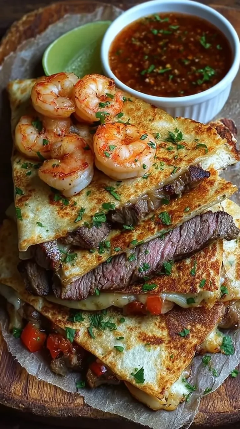 Golden brown Creole Steak and Shrimp Quesadillas sliced into wedges with sour cream and salsa