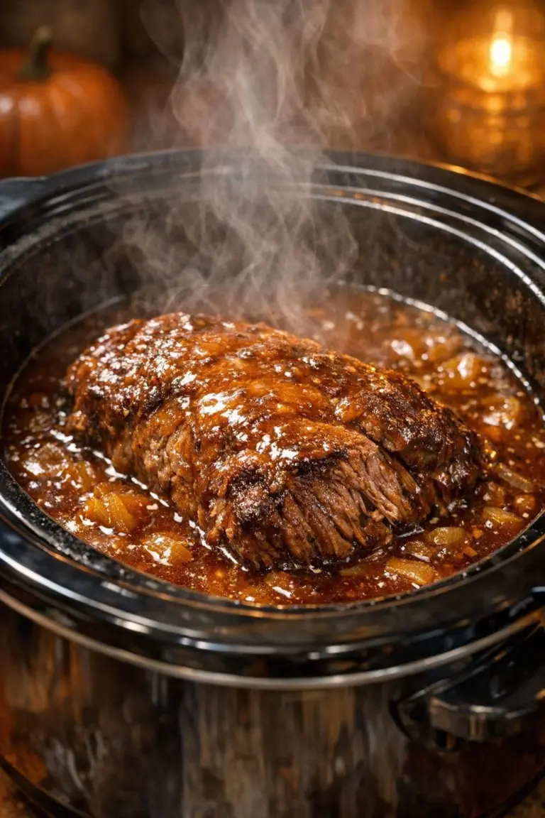 Slow cooker roast on a wooden table, ideal for cozy autumn nights.