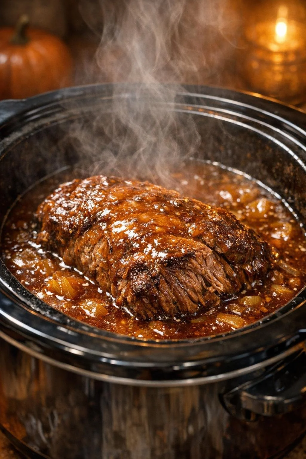 Slow cooker roast on a wooden table, ideal for cozy autumn nights.