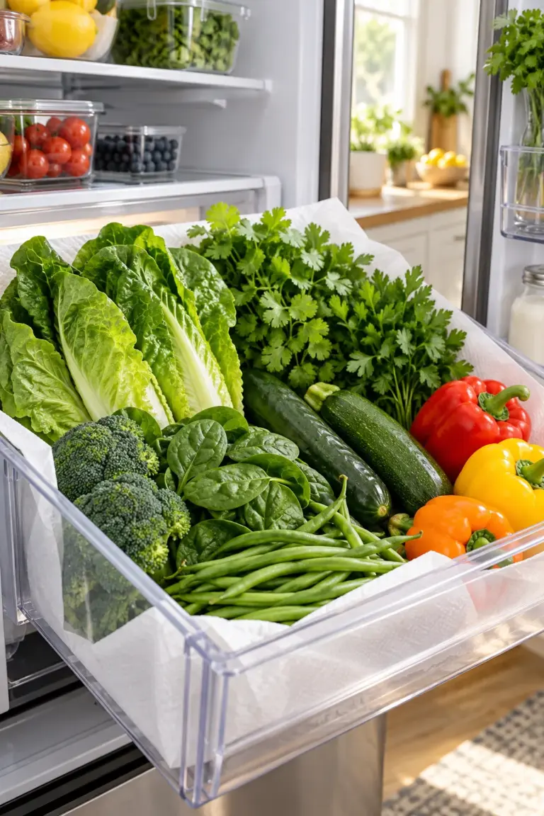Fresh vegetables stored in a high-humidity crisper drawer lined with paper towels