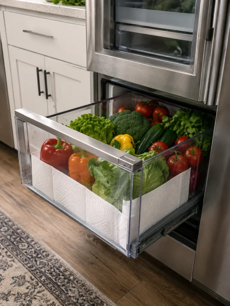 Refrigerator crisper drawer lined with white paper towels and filled with fresh leafy vegetables