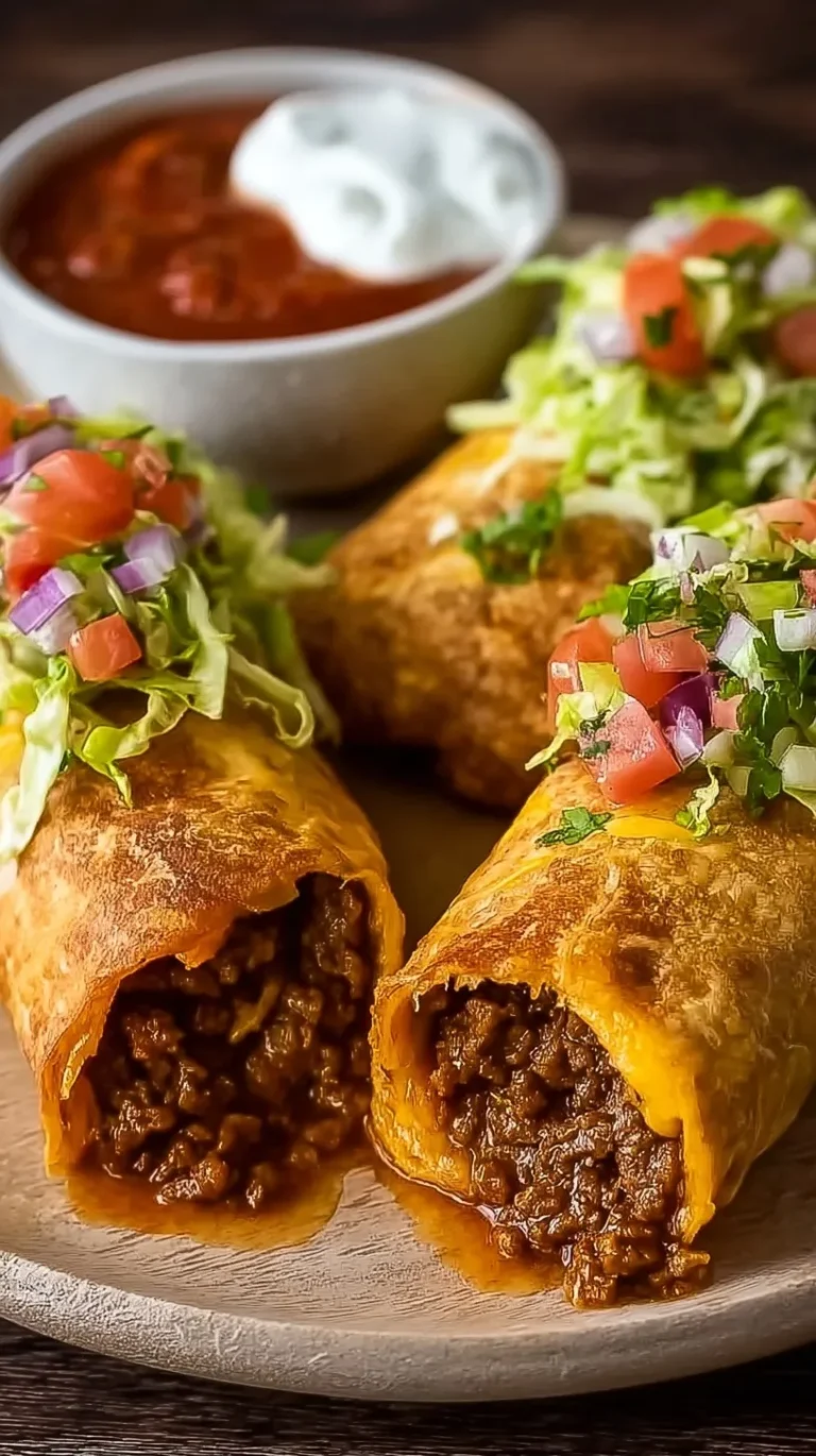 Golden brown crispy beef and cheese chimichangas on a serving platter with salsa