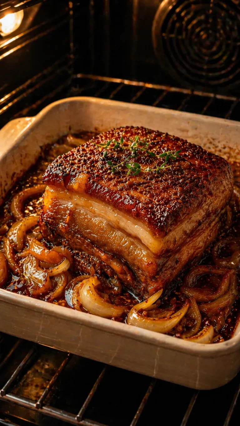Crispy braised pork belly in a roasting pan with caramelized onions, featuring golden crackling skin and juicy layered meat fresh from the oven
