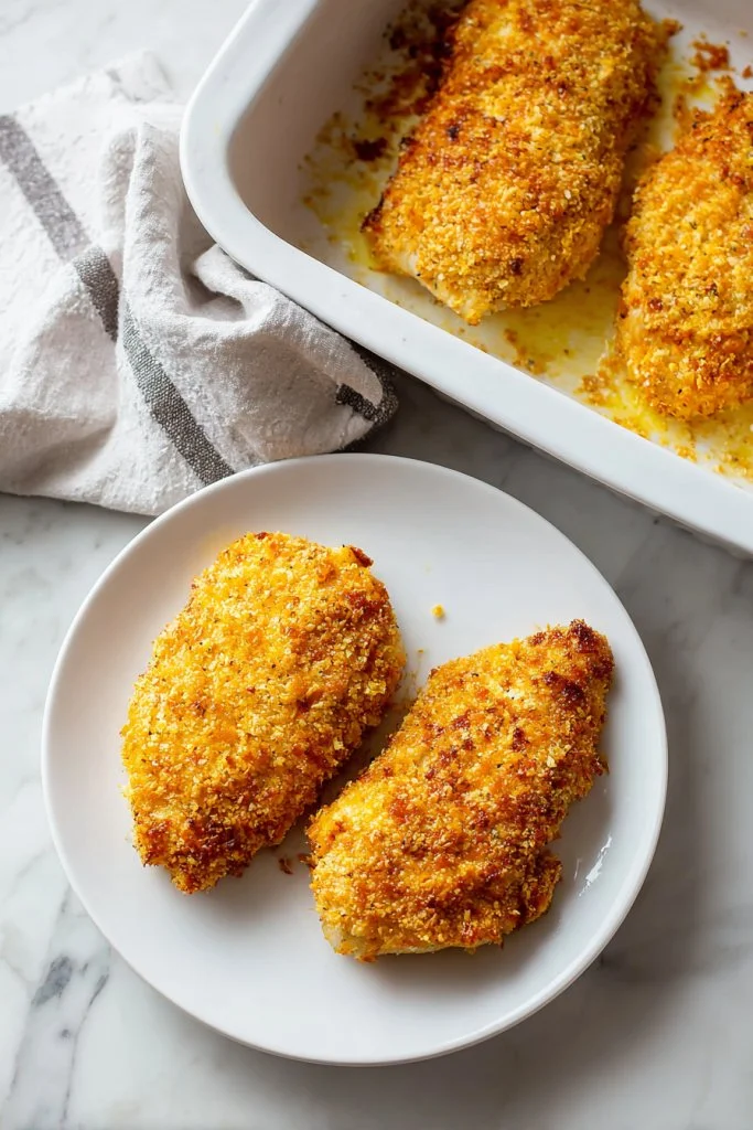 Deliciously crispy butter-baked chicken garnished with herbs on a plate.