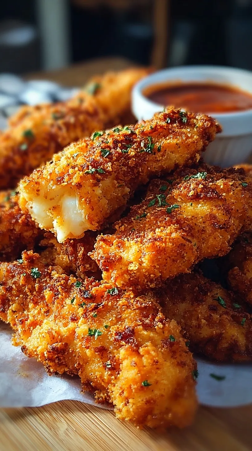 A platter of golden brown crispy buttermilk fried chicken tenders served with honey mustard dipping sauce.