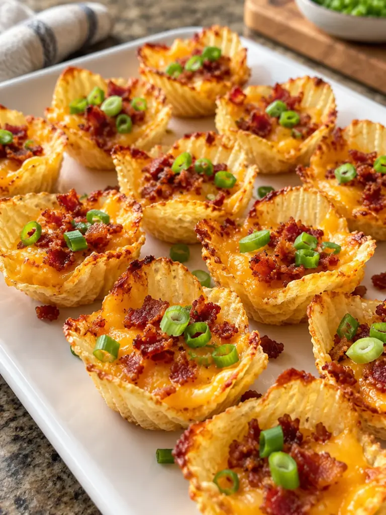 Crispy potato chip cheese cups with cheddar, bacon and green onions