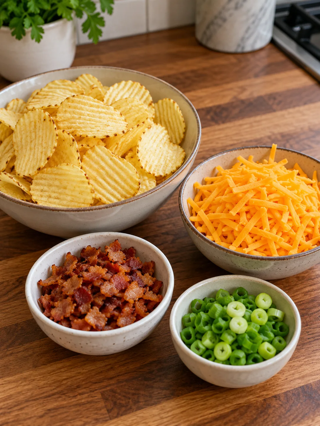 Ridged potato chips, cheddar, cooked bacon and green onions