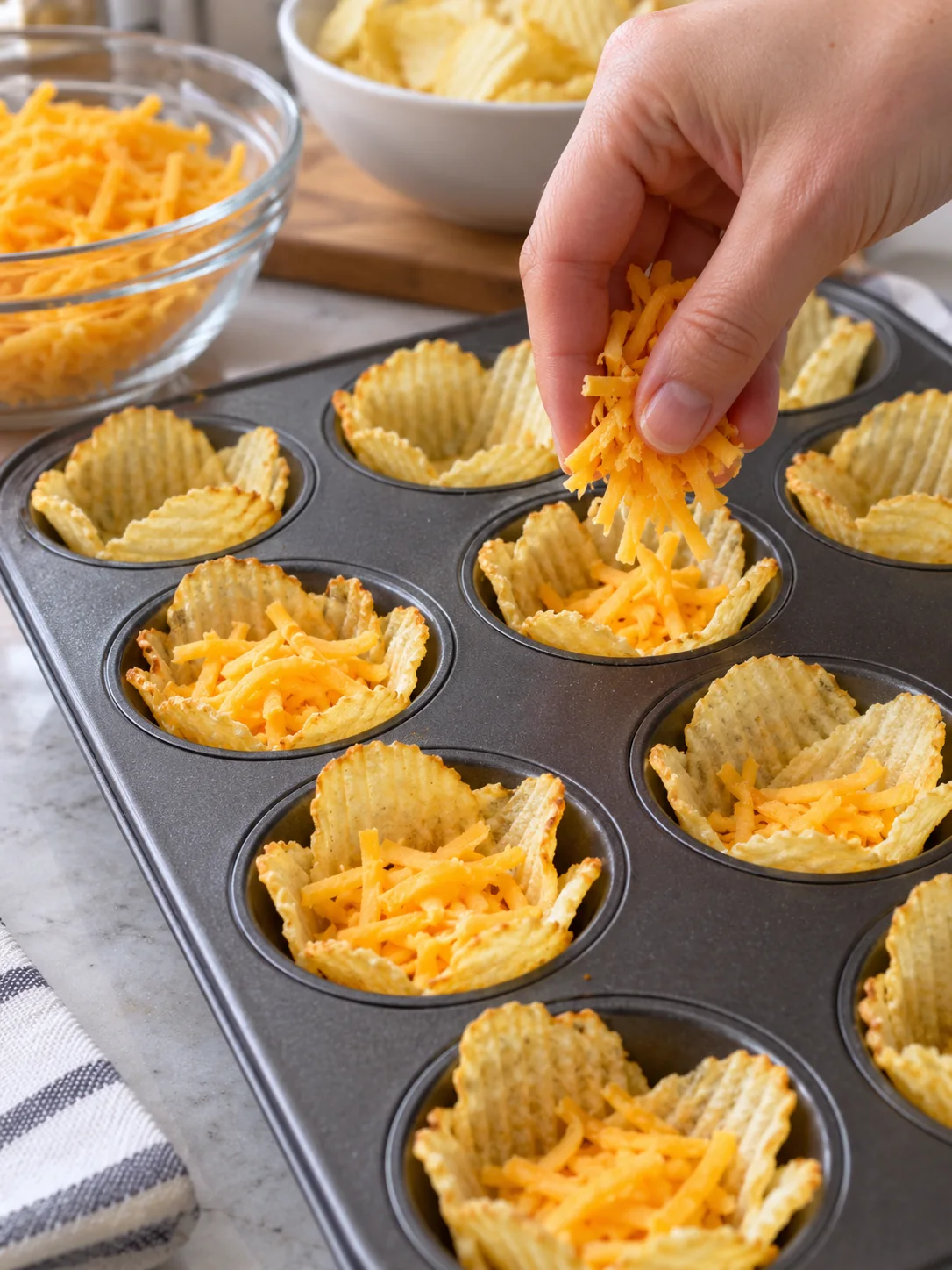 Shredded cheddar added to the potato chip cups