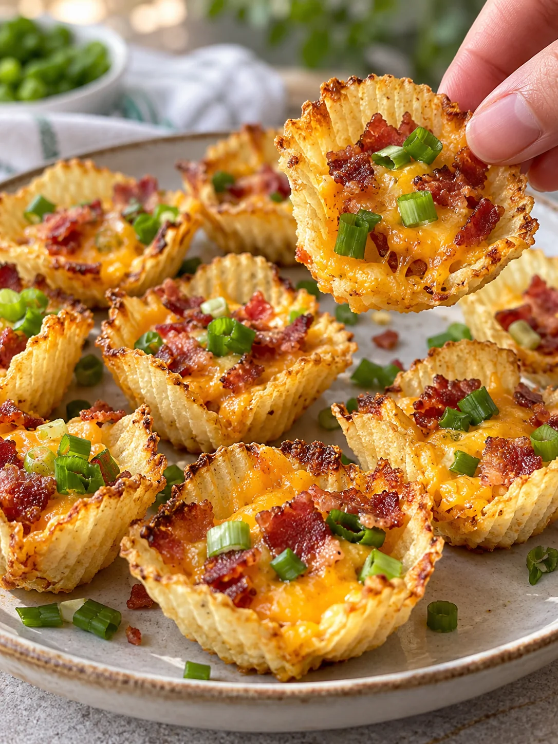 Crispy cheddar bacon potato chip cups served warm on a platter