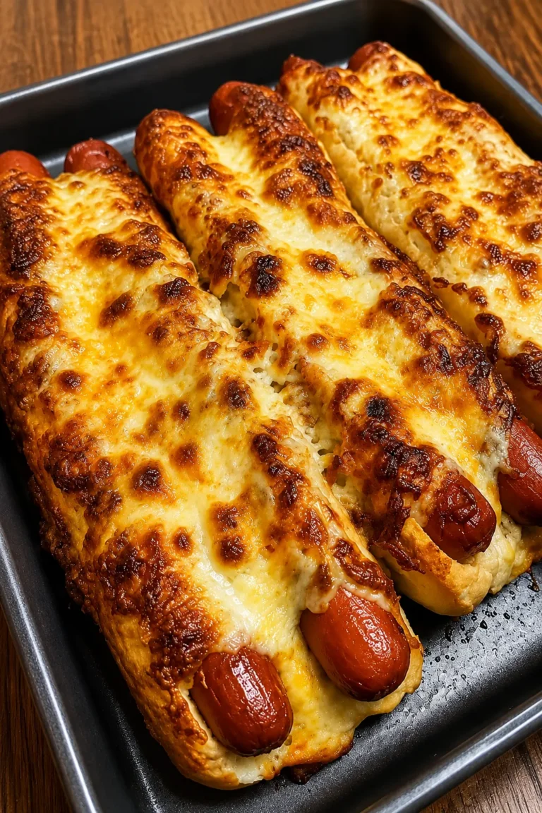 Three baked hot dogs nestled in soft buns and covered with a thick layer of golden, bubbly melted cheese. The cheese is perfectly browned on top, creating a crispy crust, and the hot dogs are arranged in a baking dish on a wooden table.