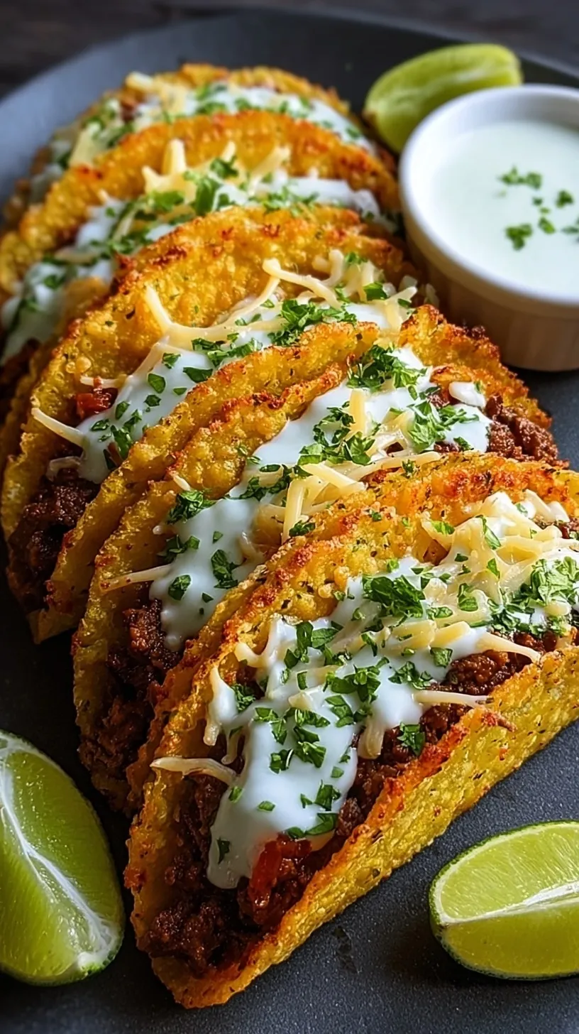 Golden brown crispy beef tacos layered with melted cheese and drizzled with white lime sauce