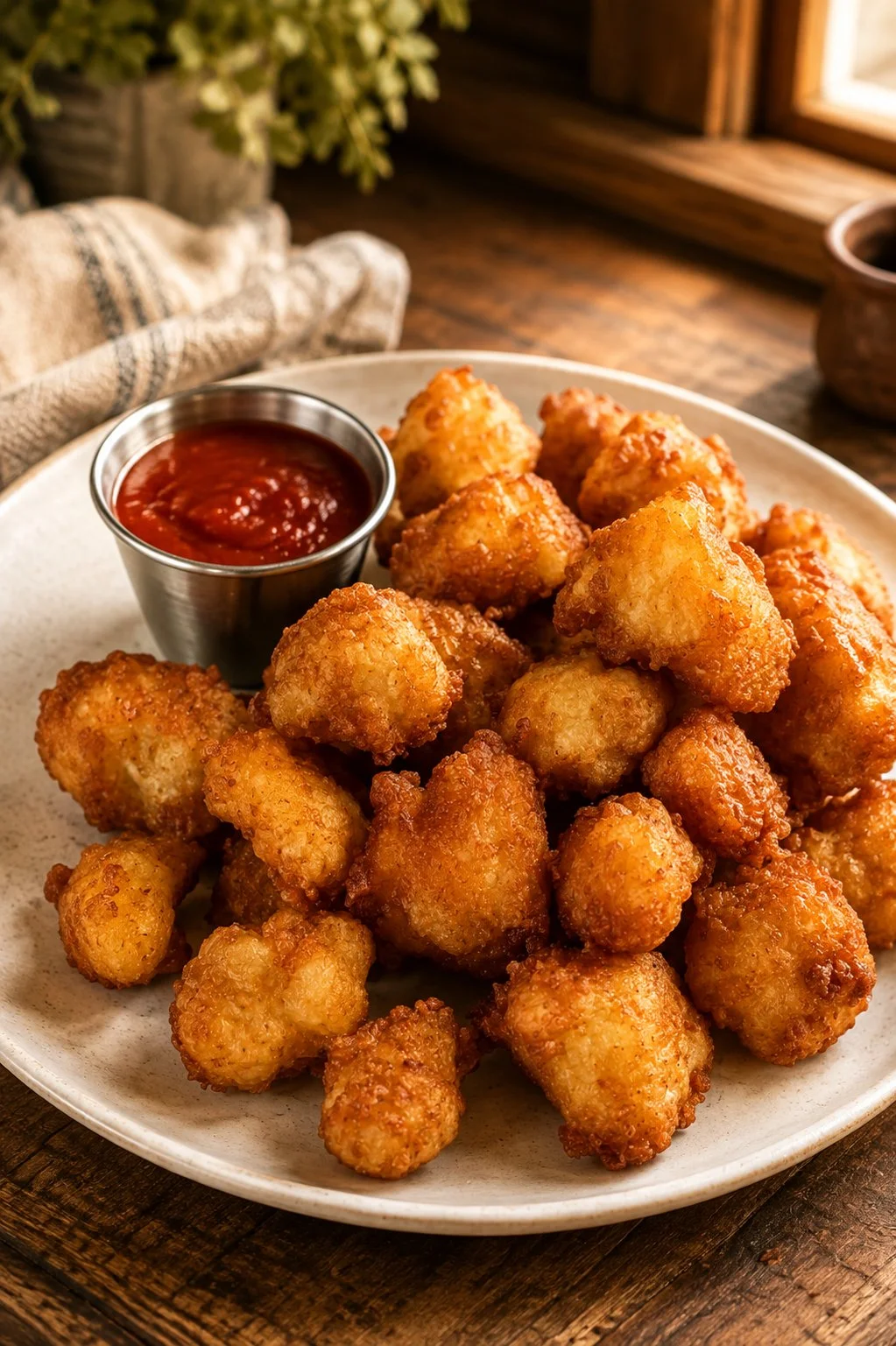 Crispy Cheesy Cauliflower Bites served on a plate with dipping sauce
