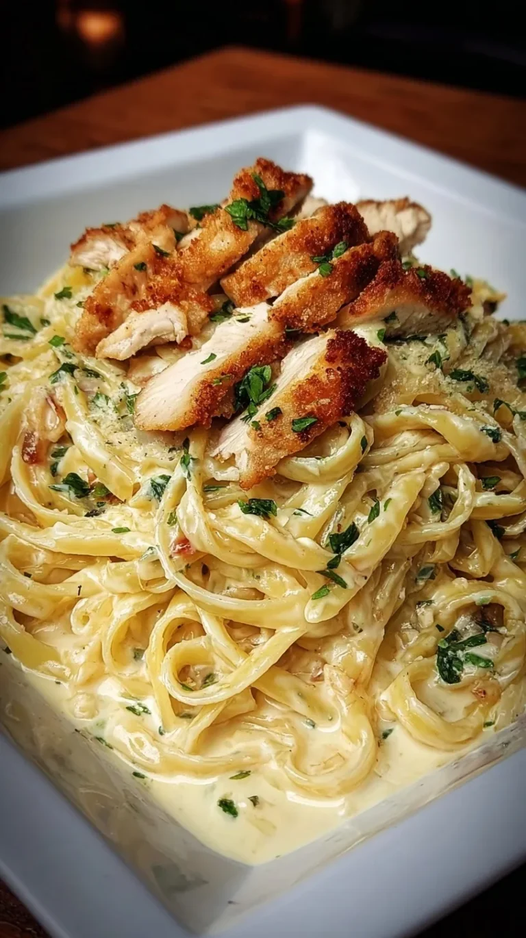 A plate of creamy fettuccine alfredo topped with sliced crispy breaded chicken and fresh parsley.
