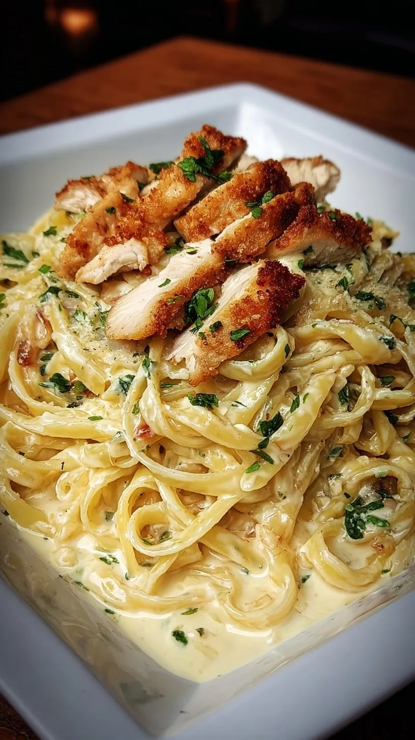 A plate of creamy fettuccine alfredo topped with sliced crispy breaded chicken and fresh parsley.
