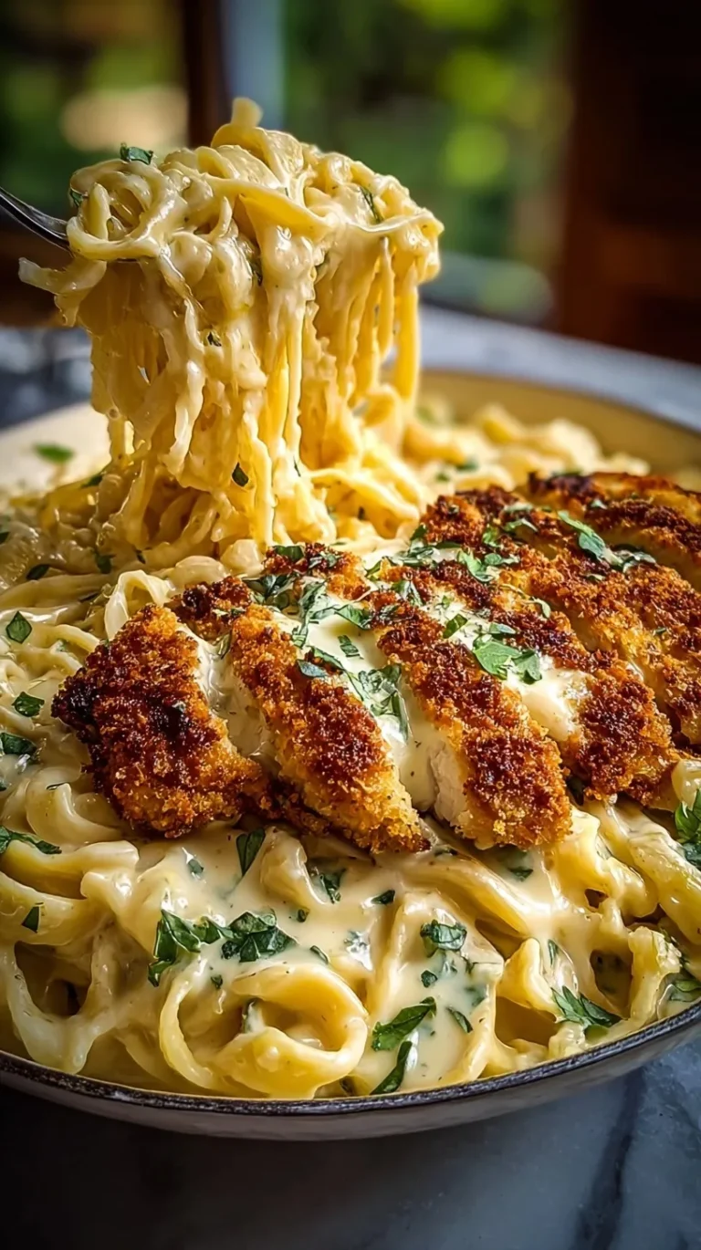 Sliced crispy breaded chicken served over creamy fettuccine alfredo with fresh parsley