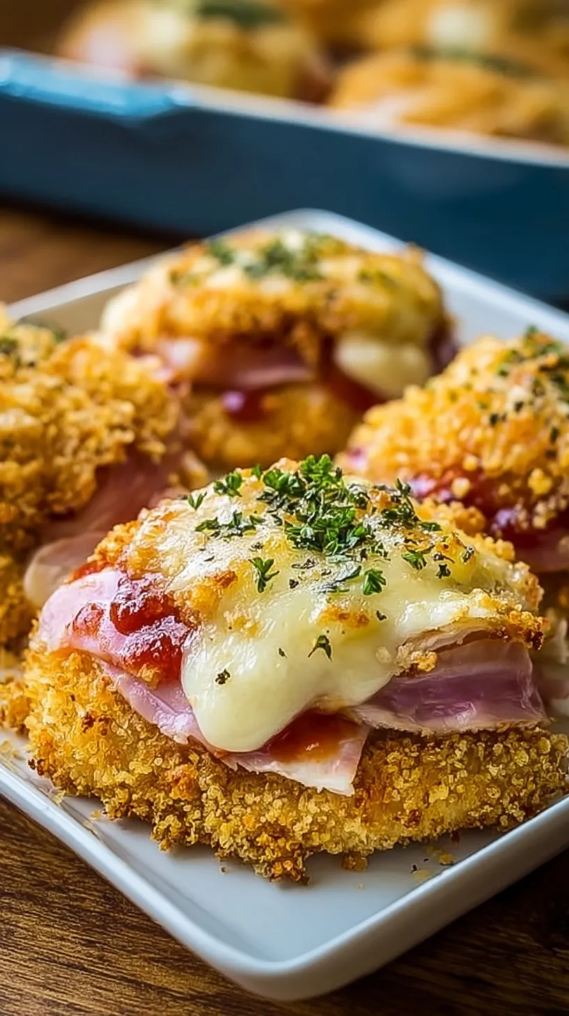 A golden brown chicken cordon bleu casserole in a white baking dish with melted cheese and parsley.