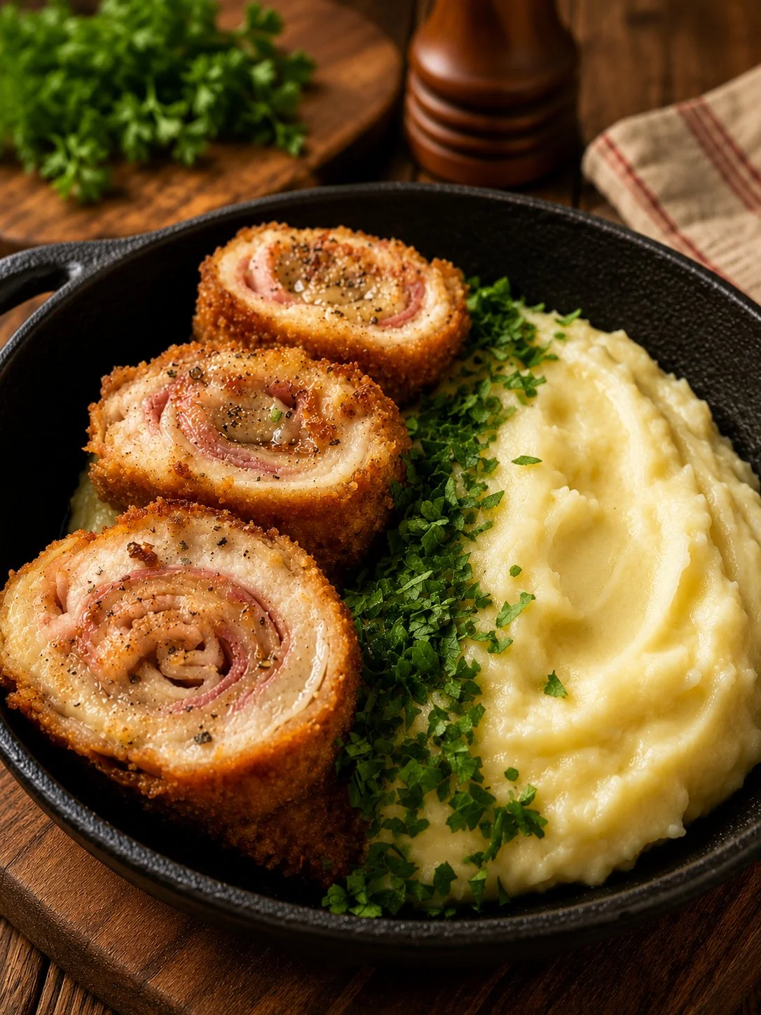 Crispy Chicken Cordon Bleu Roll-Ups with melted cheese and ham inside