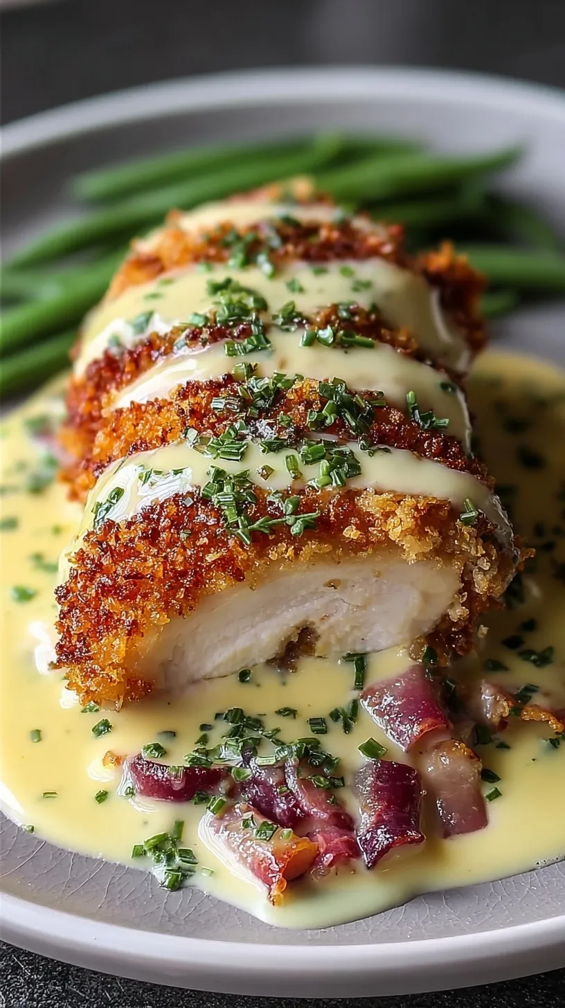 Golden brown crispy chicken cordon bleu sliced to show ham and melted swiss cheese inside with creamy sauce.
