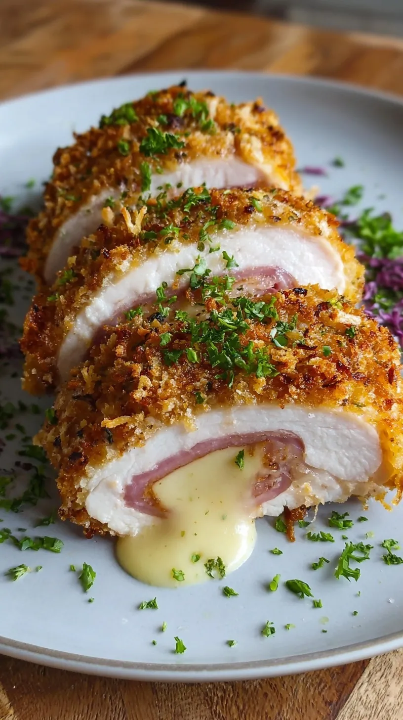 A plate with golden-brown Crispy Chicken Cordon Bleu sliced to show melted Swiss cheese and ham inside.