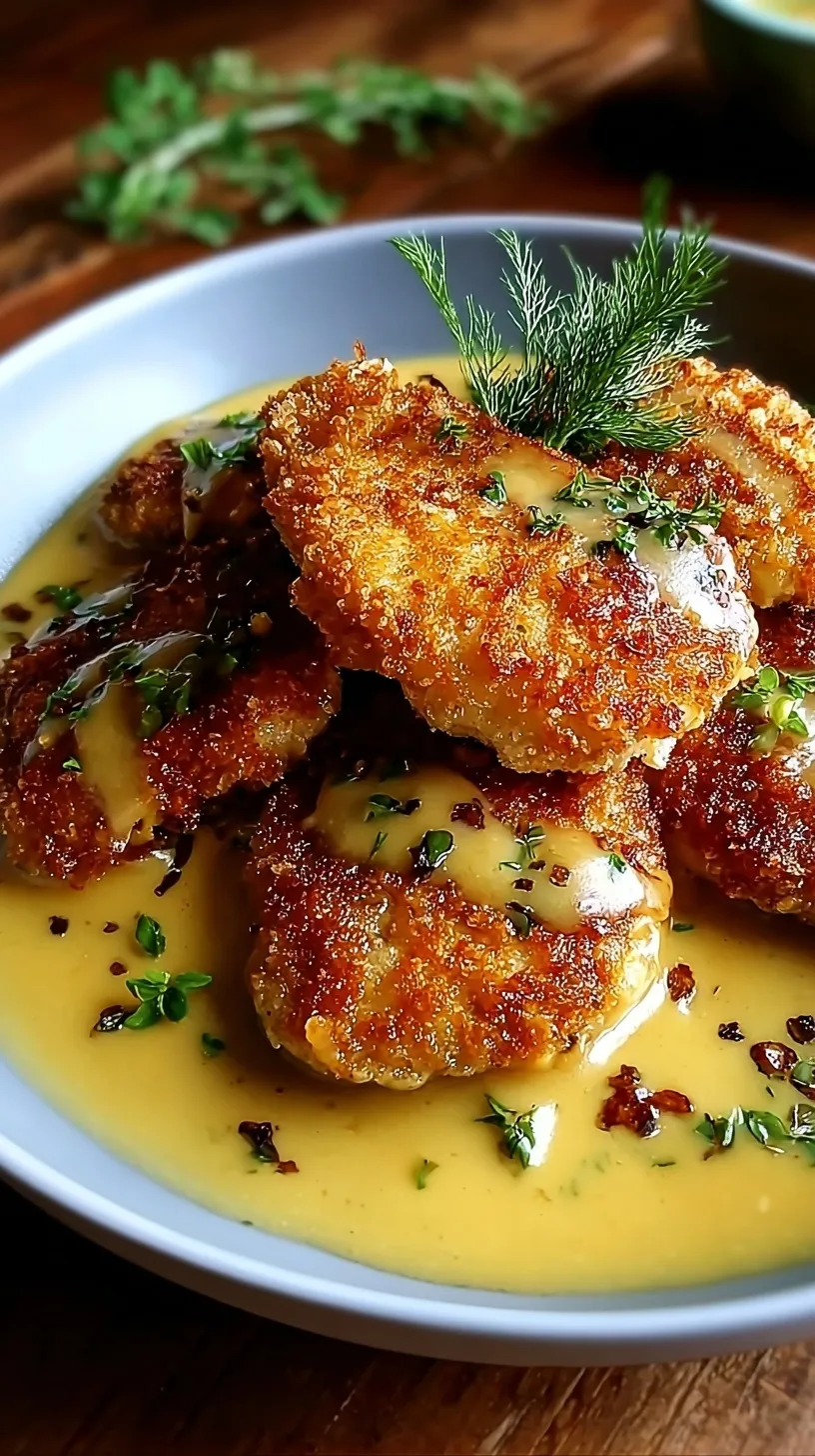 Golden brown crispy chicken cutlets drizzled with creamy gravy on a white plate