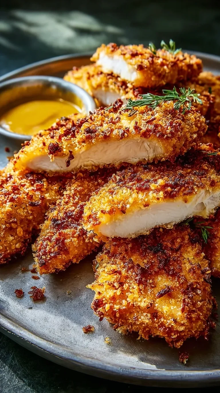 Golden brown crispy chicken fillets on a wire rack with dipping sauce