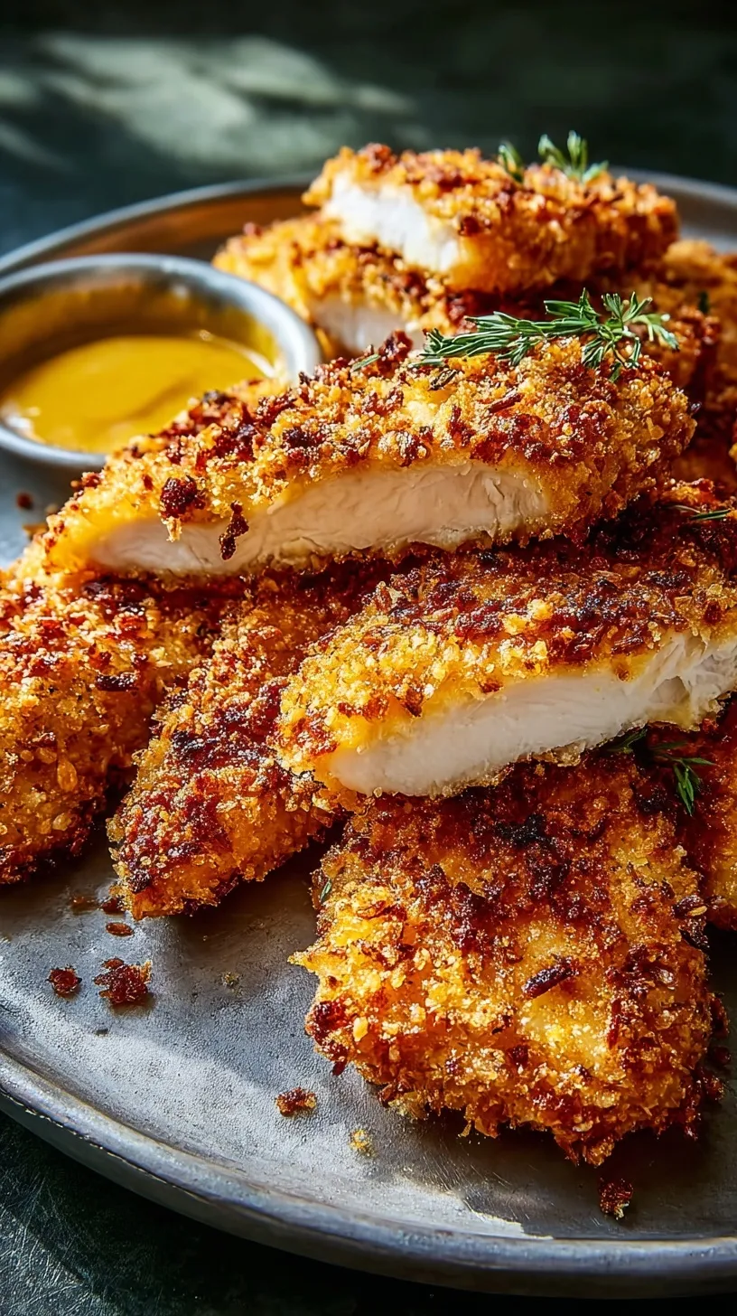 Golden brown crispy chicken fillets on a wire rack with dipping sauce