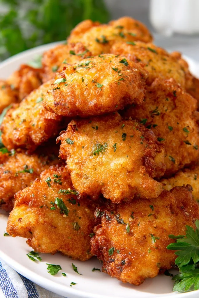 Plate of crispy chicken fritters with herbs and dipping sauce