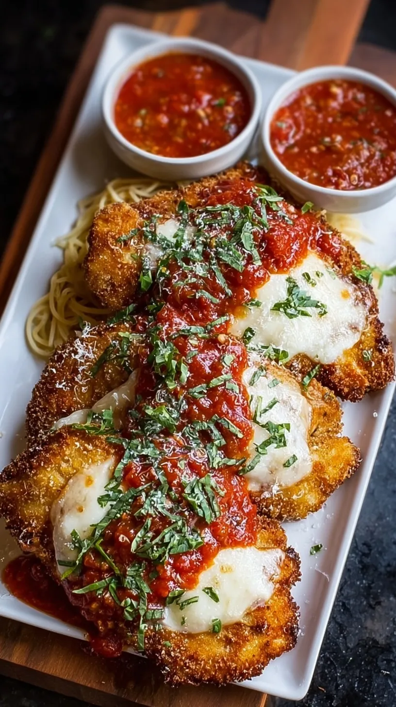 Golden brown crispy chicken parmesan topped with melted mozzarella and fresh basil