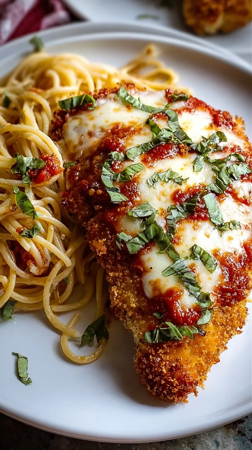 Golden breaded chicken topped with melted mozzarella and marinara sauce over a bed of spaghetti.