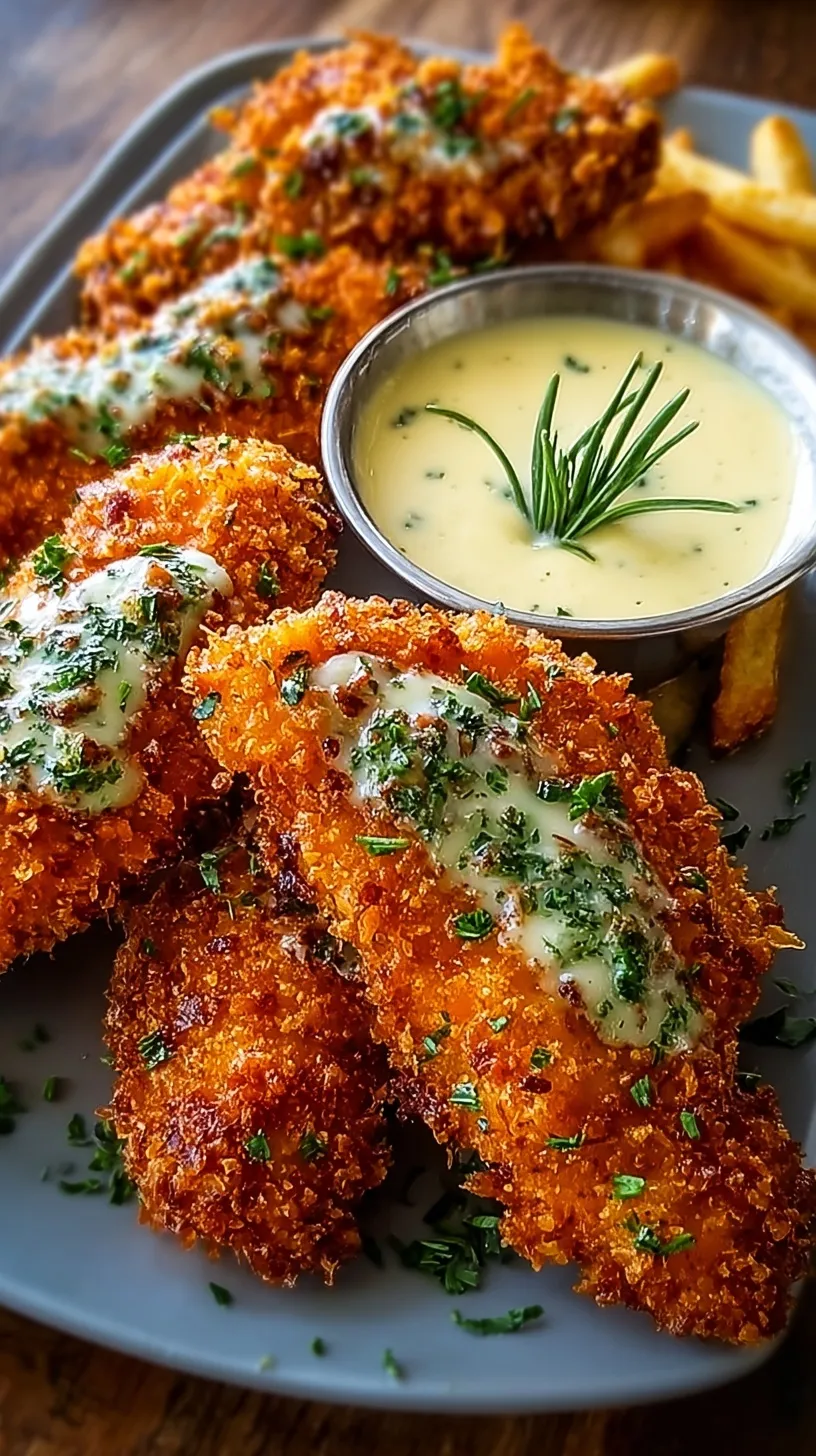 Golden brown crispy chicken tenders on a wire rack with a bowl of creamy herb dipping sauce