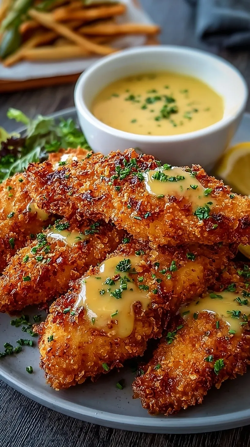Golden brown crispy chicken tenders served with a side of yellow honey mustard sauce on a white plate.
