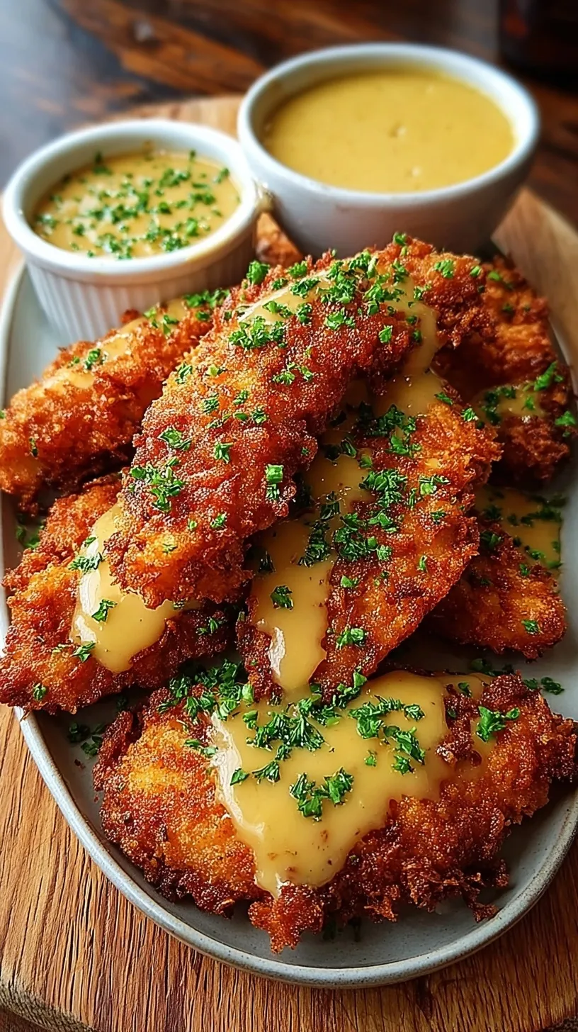 Golden brown crispy chicken tenders served with a side of honey mustard sauce on a white plate.