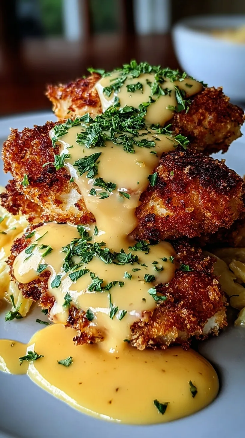 Golden brown crispy chicken cutlet topped with thick yellow cheddar cheese sauce