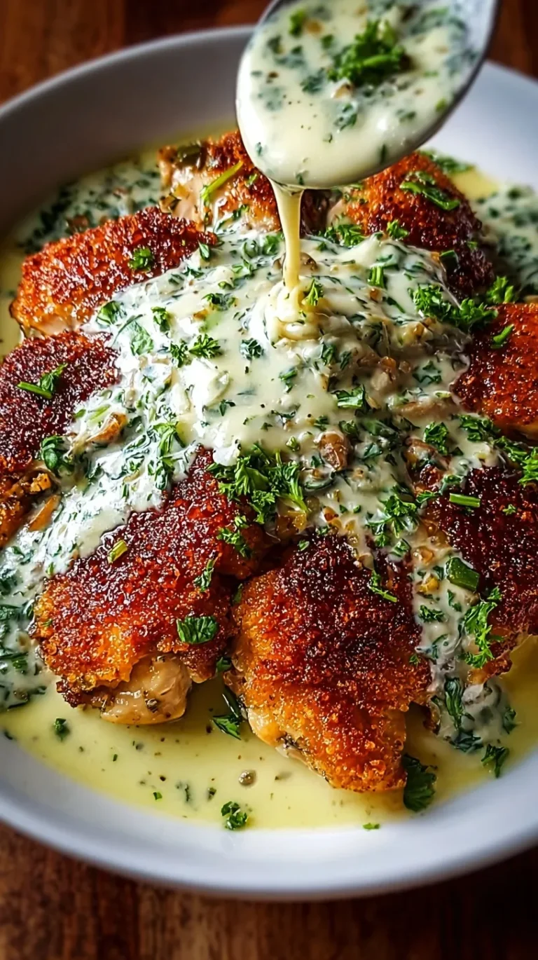 Golden crispy chicken cutlets topped with a creamy white garlic and herb sauce on a white plate.