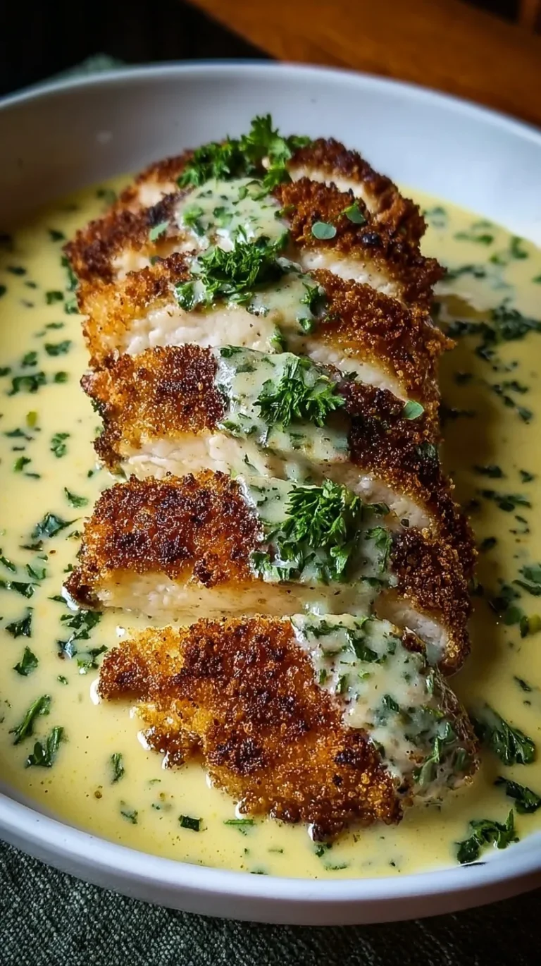 Pan-seared crispy chicken cutlets smothered in a rich white cream sauce with fresh herbs