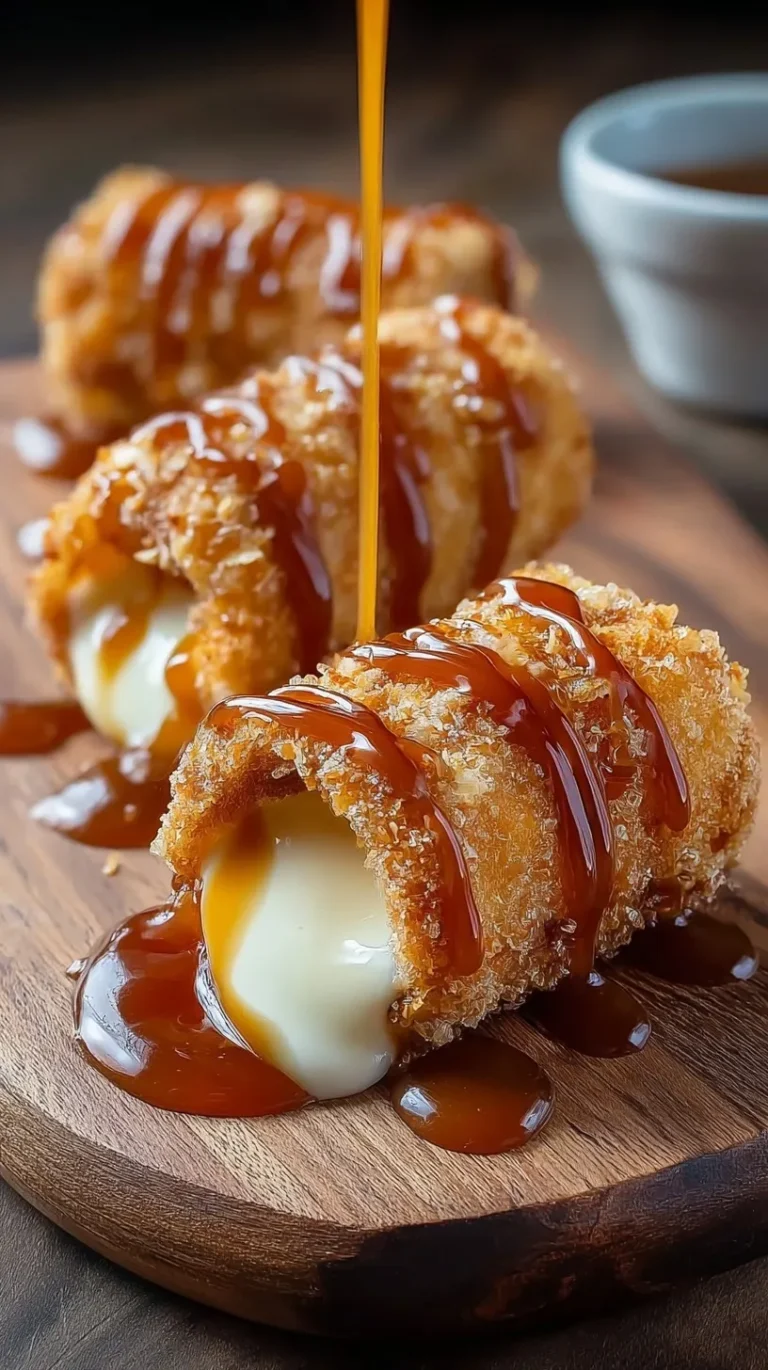 Golden brown fried cheesecake rolls coated in cinnamon sugar and drizzled with caramel sauce