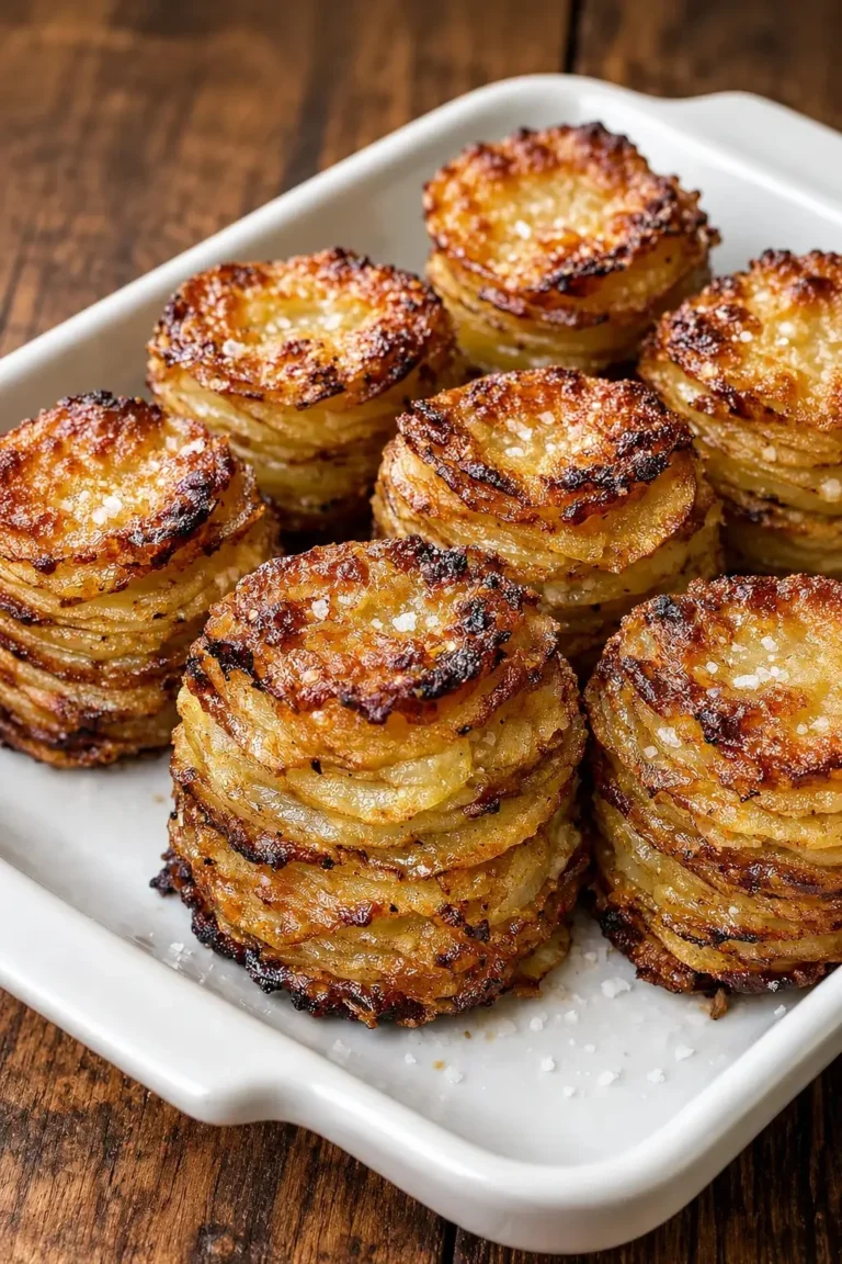 Crispy garlic parmesan potato stacks served on a plate
