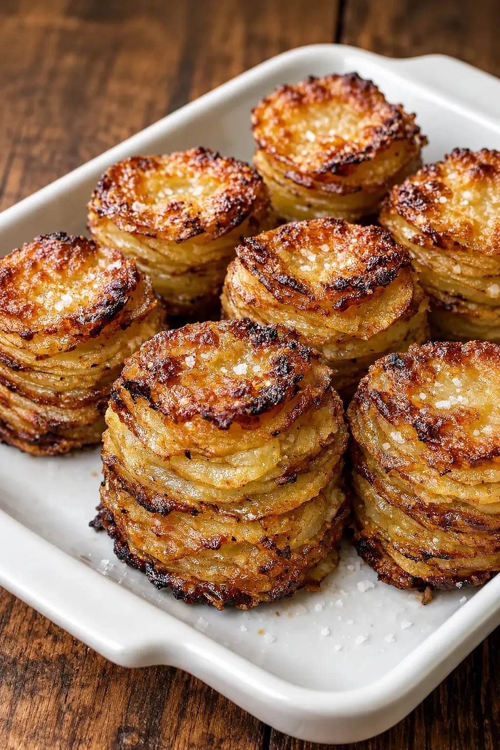 Crispy garlic parmesan potato stacks served on a plate