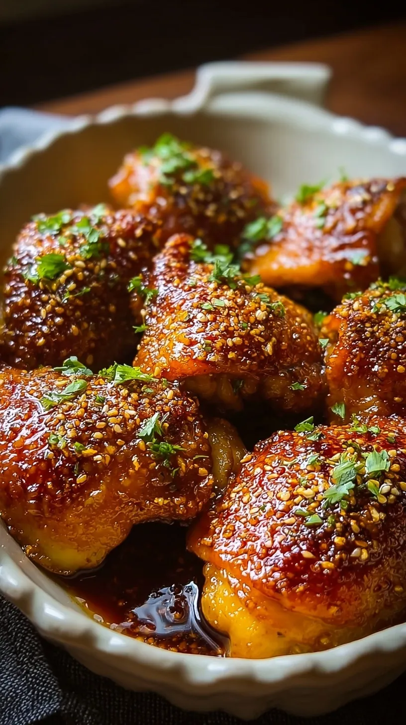 Golden brown crispy honey garlic chicken thighs in a skillet with a sticky glaze.