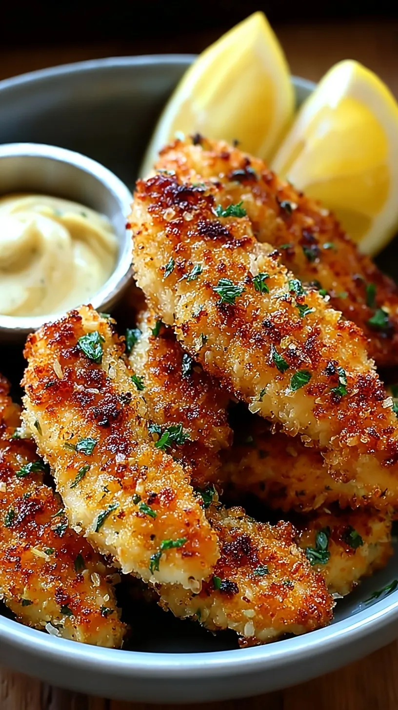 Golden brown crispy lemon garlic chicken tenders on a baking sheet with lemon wedges.