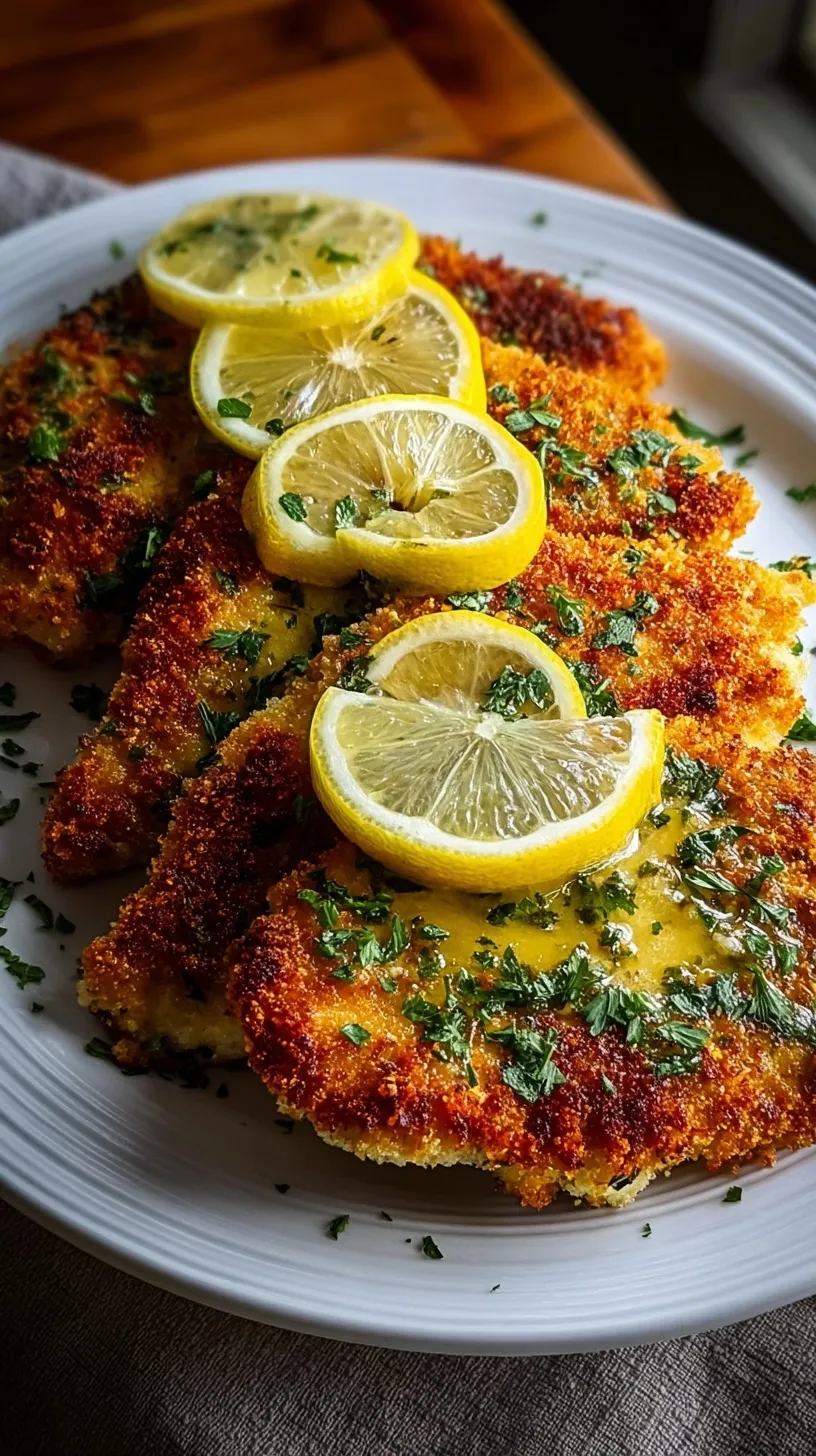 Golden brown crispy chicken cutlets garnished with lemon slices and fresh parsley on a serving platter.