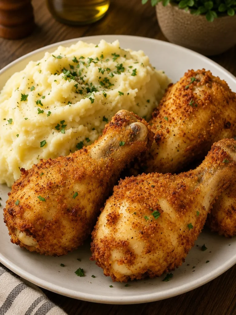 Plate of crispy oven-baked chicken drumsticks and creamy mashed potatoes