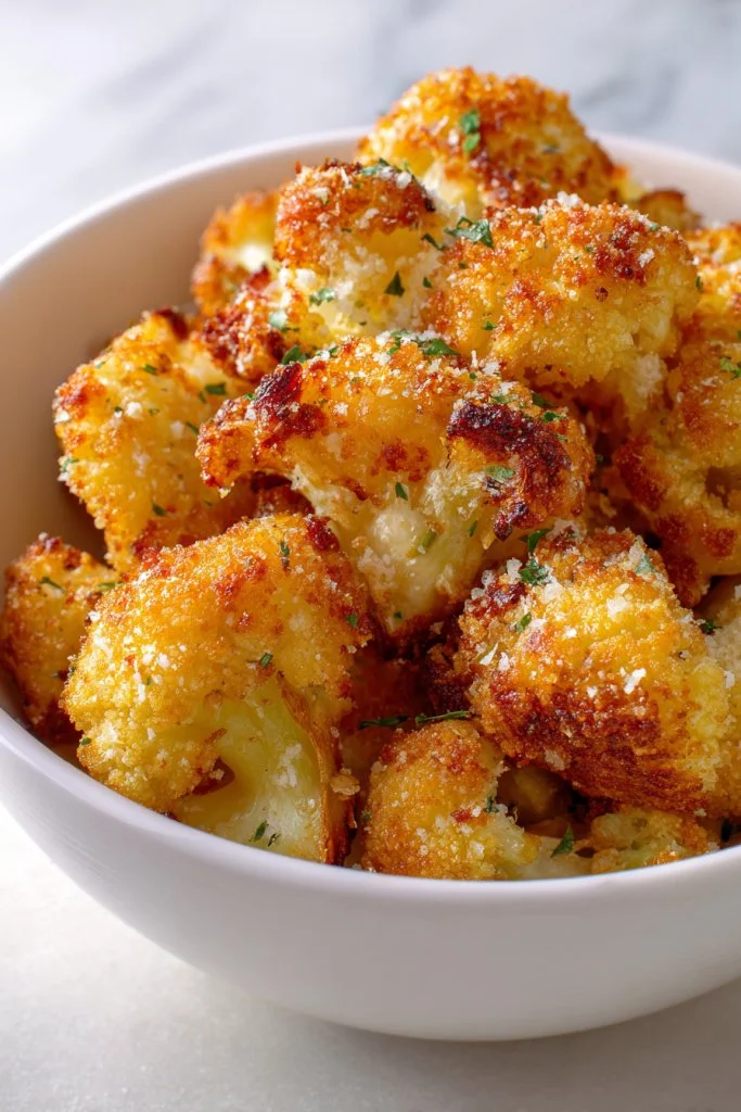 Crispy Parmesan Cauliflower Bites on a plate, garnished and ready to serve