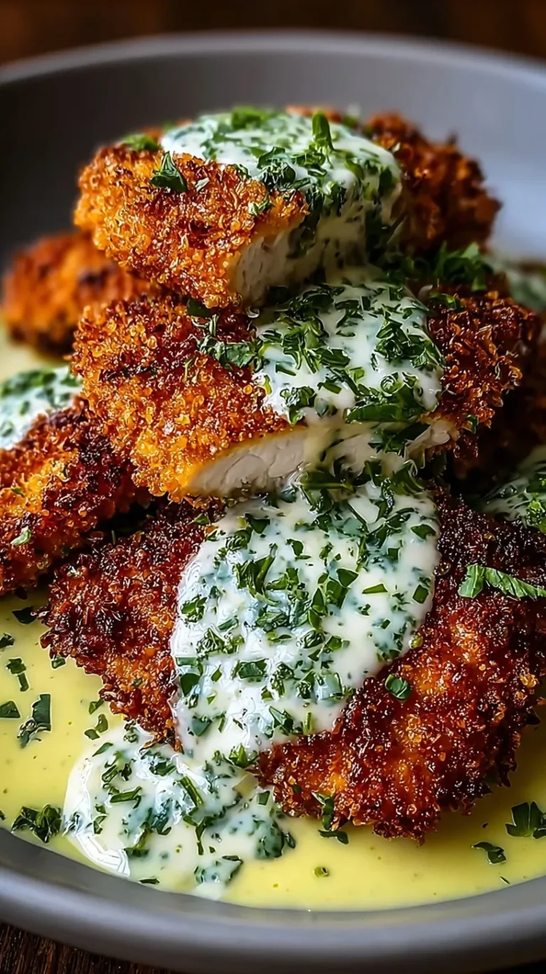 Golden pan-fried Crispy Parmesan Chicken cutlets topped with a creamy white garlic herb sauce and fresh parsley.