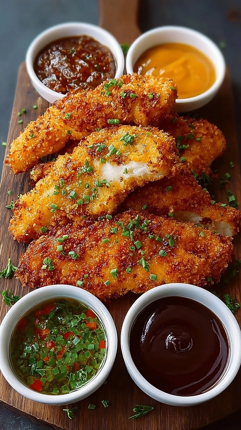 A platter of golden brown Crispy Parmesan Chicken Tenders with small bowls of honey mustard and garlic aioli.