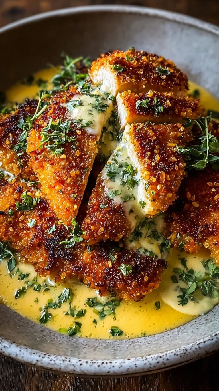 Golden fried parmesan crusted chicken cutlets topped with creamy white garlic sauce and fresh parsley.
