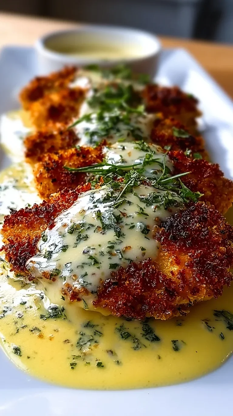Golden brown crispy parmesan chicken cutlets drizzled with creamy white garlic sauce and fresh parsley.