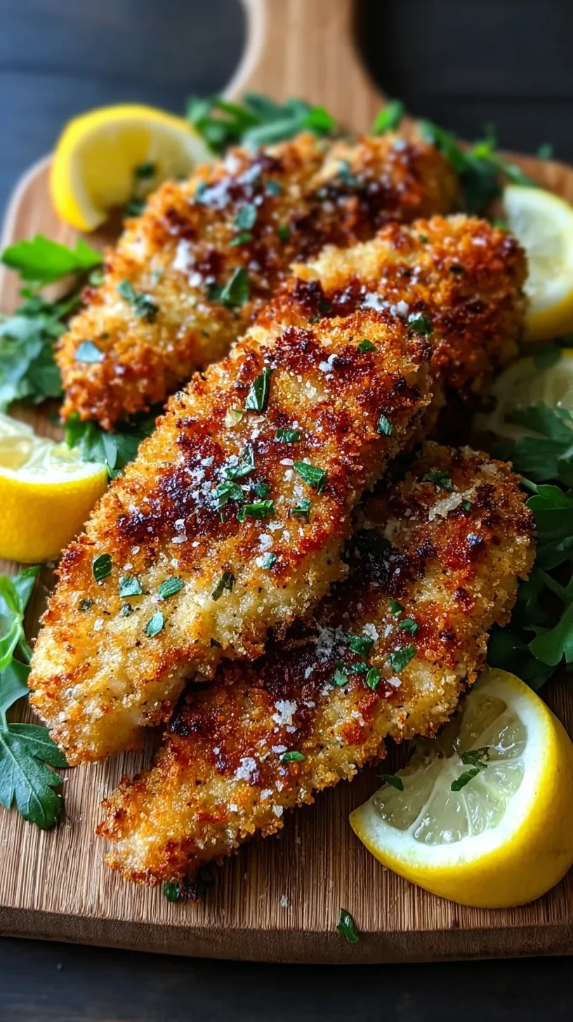 Golden brown crispy parmesan crusted chicken tenders on a baking sheet with a side of dipping sauce.