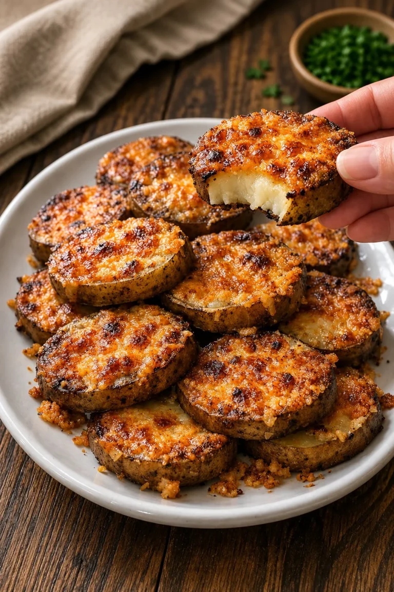 Crispy Parmesan Potato Rounds served on a plate with herbs and spices