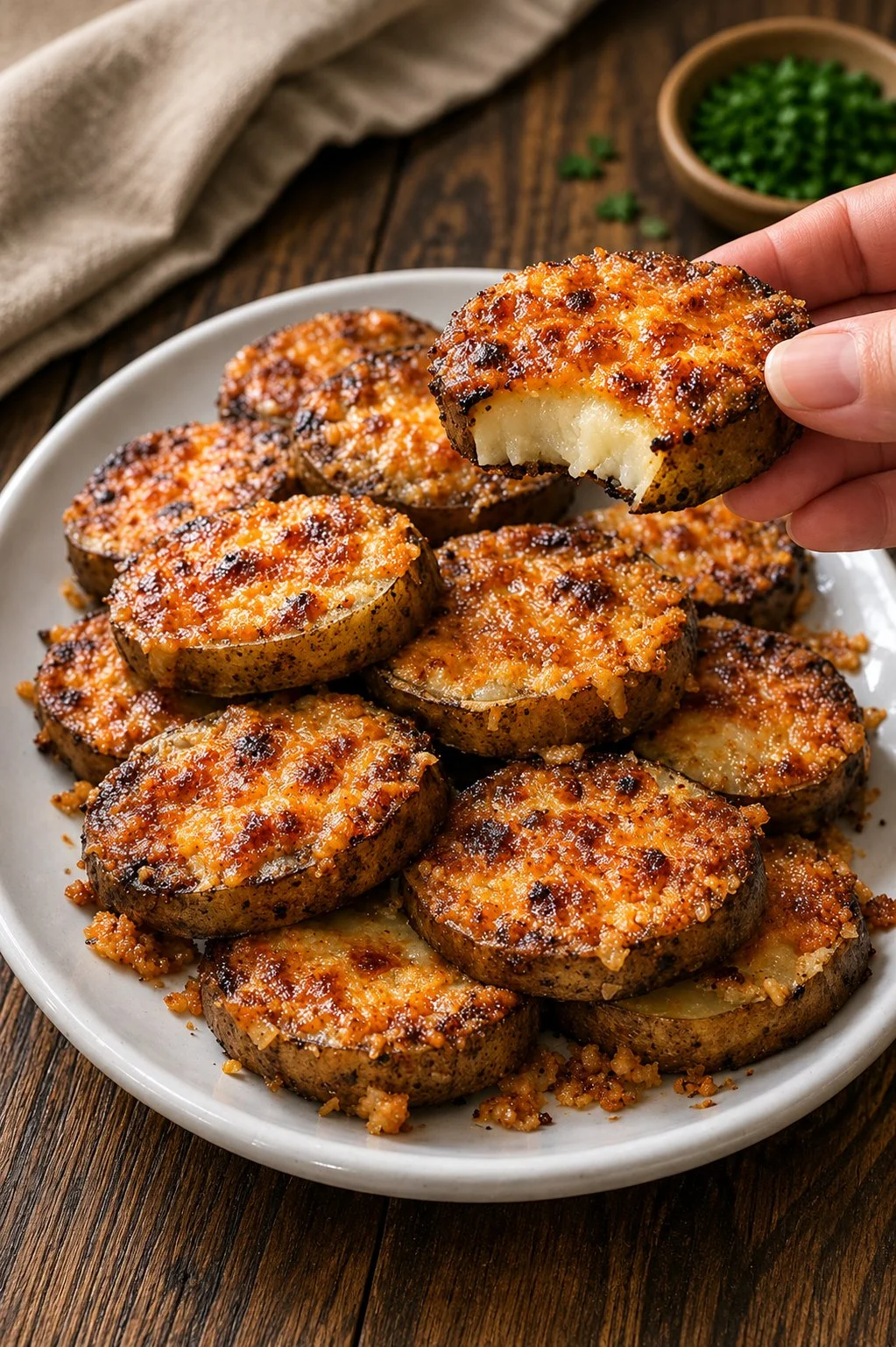 Crispy Parmesan Potato Rounds served on a plate with herbs and spices